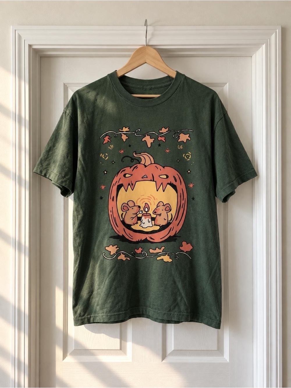 Halloween Pumpkin Mice Graphic T-Shirt Forest Green Unisex